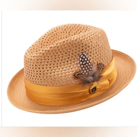MONTIQUE MEN'S COGNAC COLOR PINCH BRAIDED FEDORA WITH MATCHING SATIN RIBBON. H34 - Picture 1 of 1